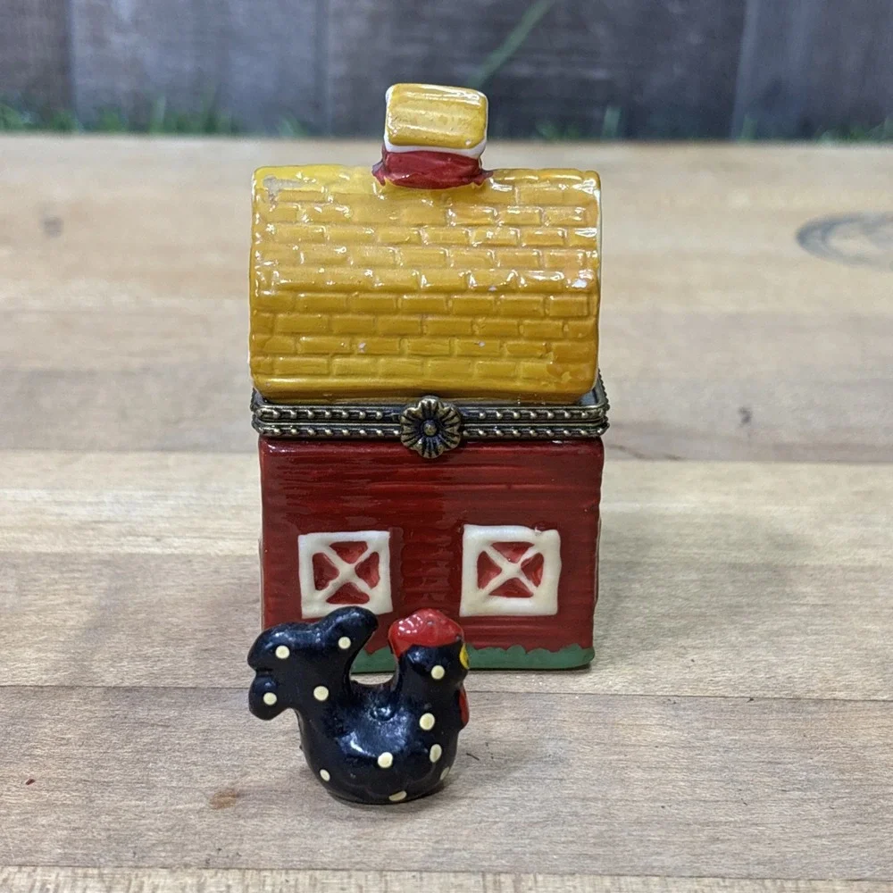 Vintage Ceramic Red Barn Trinket Box Hinged Yellow Roof Chicken Figurine